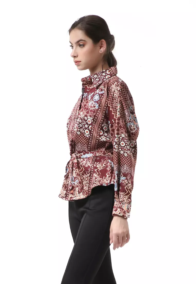 Brielle Kemeja Wanita Lengan Panjang With Tali Pinggang Elegant Design Material Cotton ORIGINAL - Red
