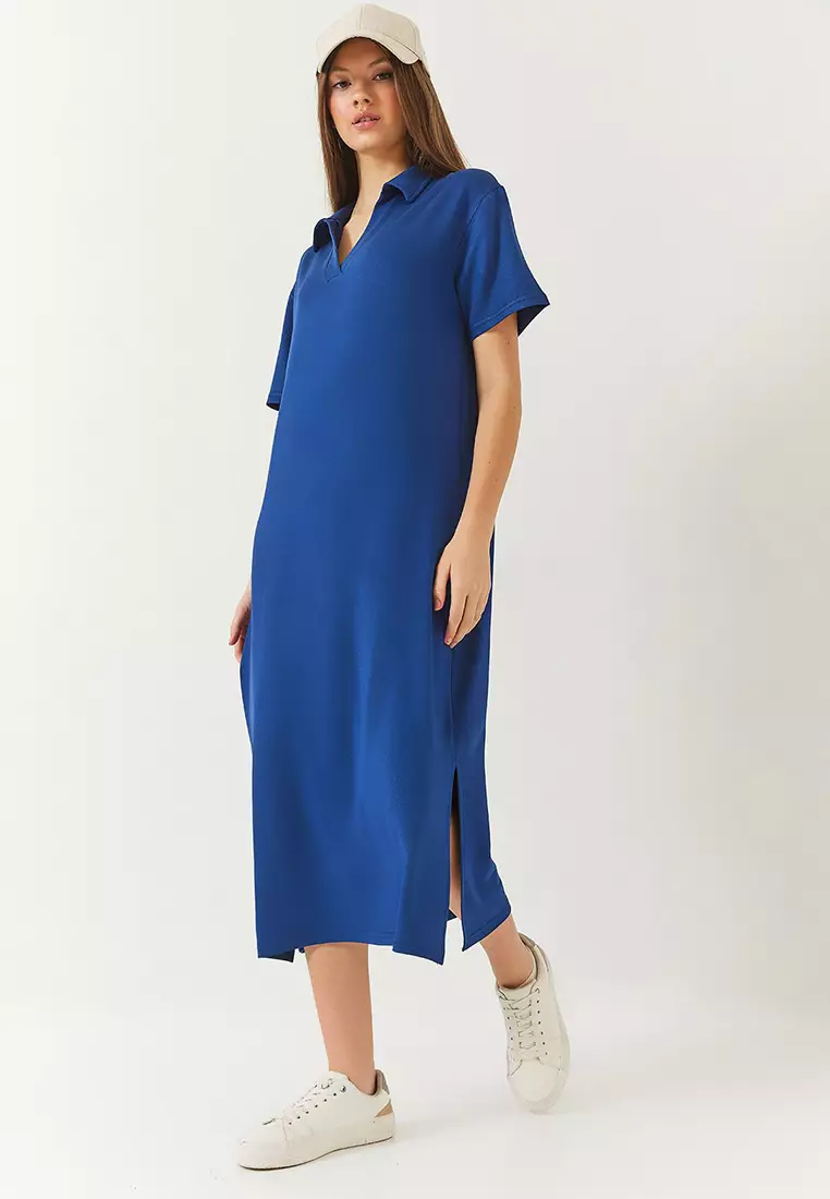 Women's V Neck Short Sleeve Slit Basic Dress 5621 60261424