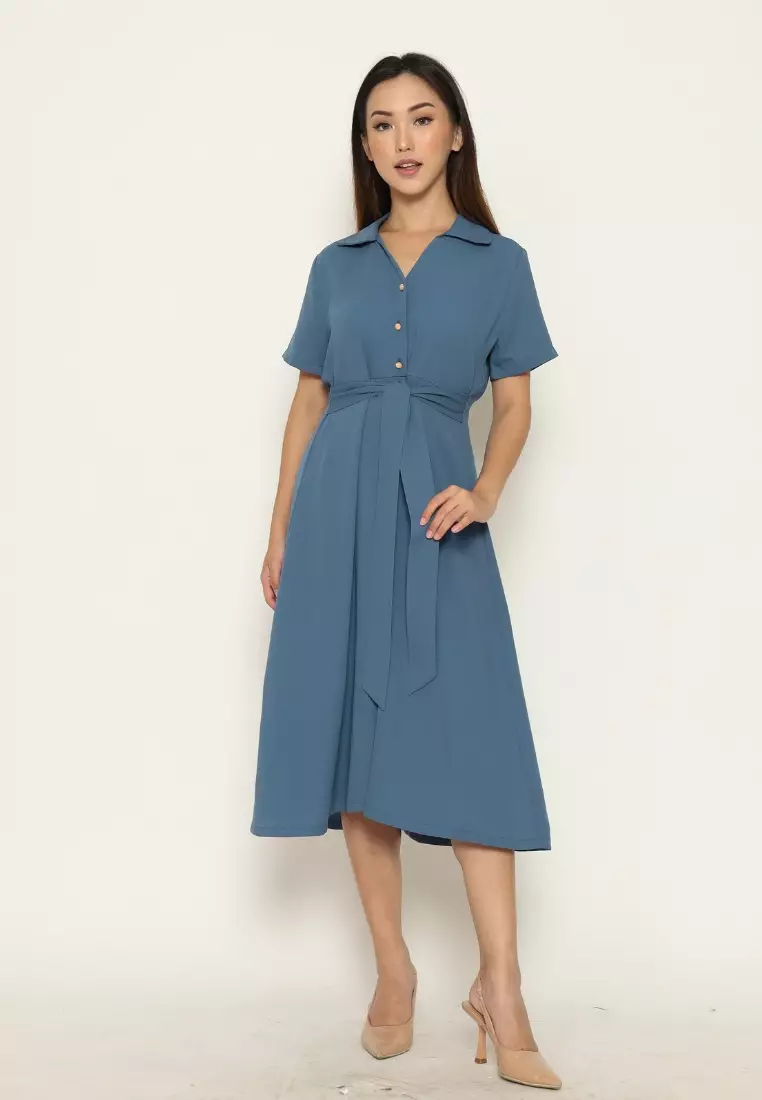 Urban Exchange Shanika Dress Blue - Midi Dress Blue Dress Biru