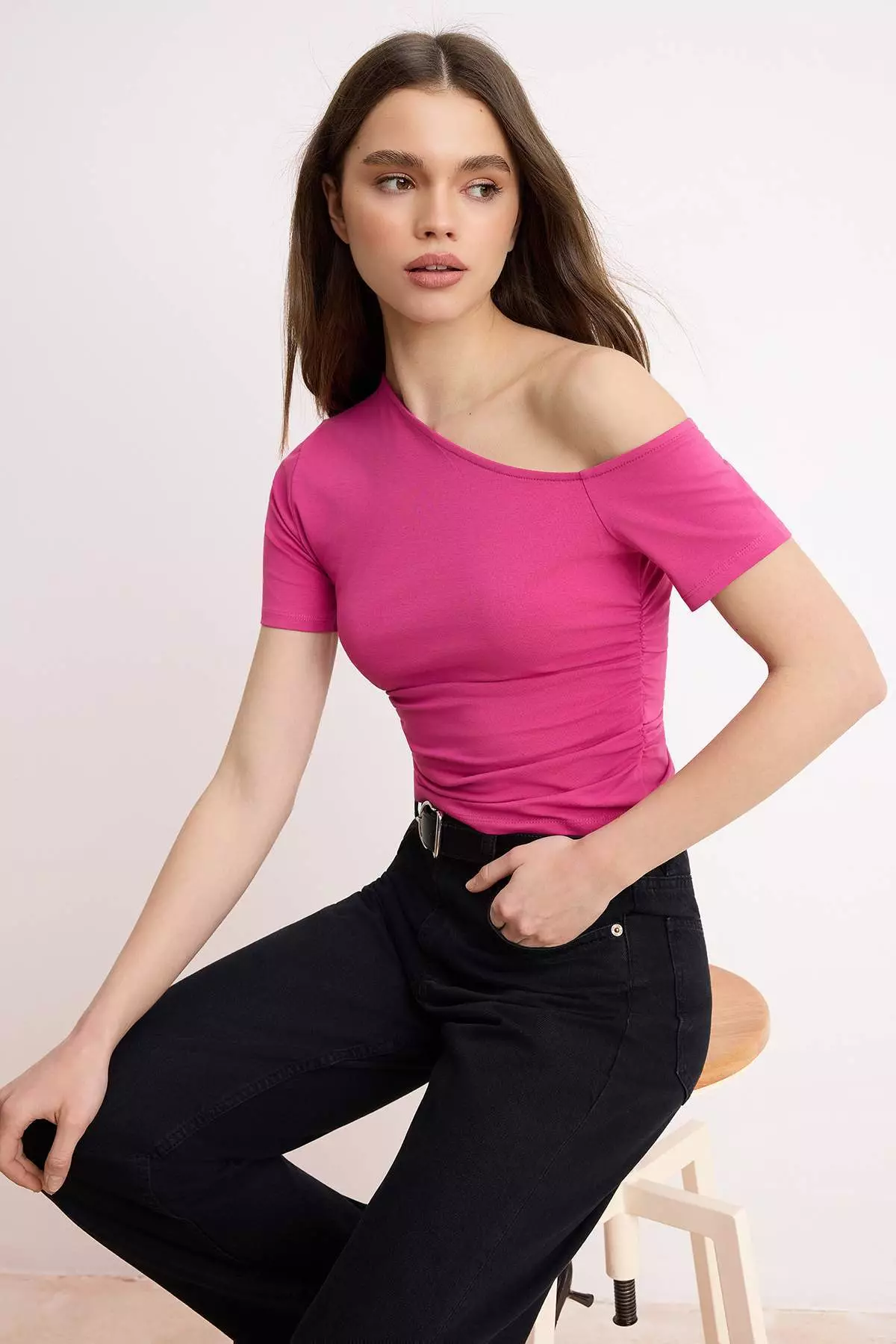Fuchsia Shirred Asymmetric Neckline Stretchy Knitted Blouse Twoss24Bz73
