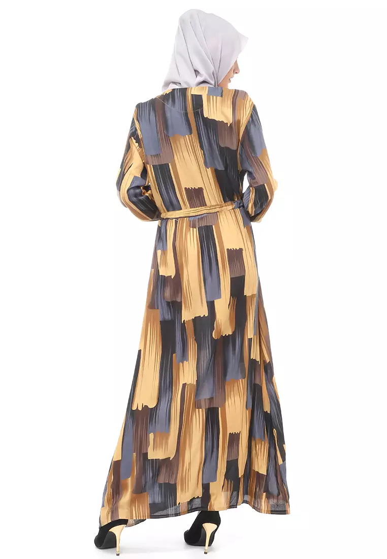 Monalisa Maxi Dress Muslimah Wanita Bermotif Corak Long Sleeve Regular Fit - Multicolor