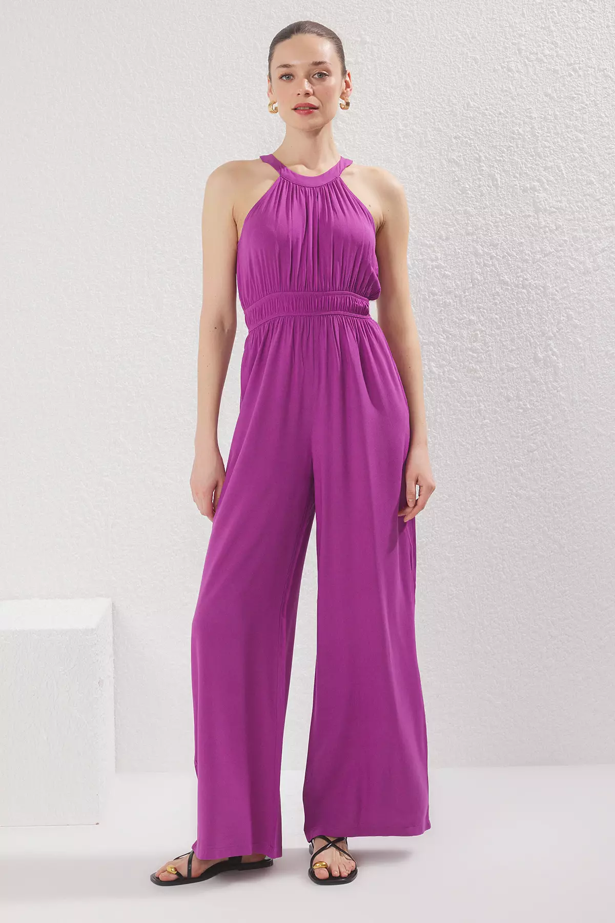 Purple Waist Pleated Detail Wide Leg Maxi Woven Jumpsuit TWOSS23TU00121