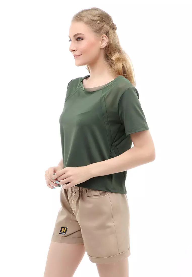 Wish Baju Olahraga Kaos Sport Wanita Short Sleeve Absorb Sweat Kombinasi Jaring Material Polyester ORIGINAL - Green Bottle