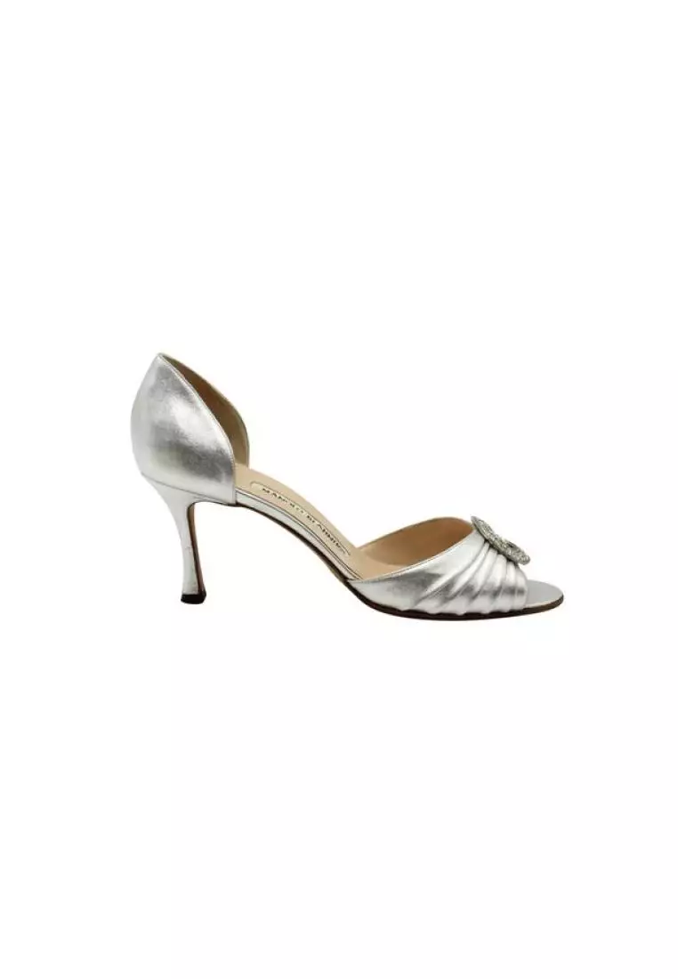 Pre Loved MANOLO BLAHNIK Silver Heels with Crystal Embellishments
