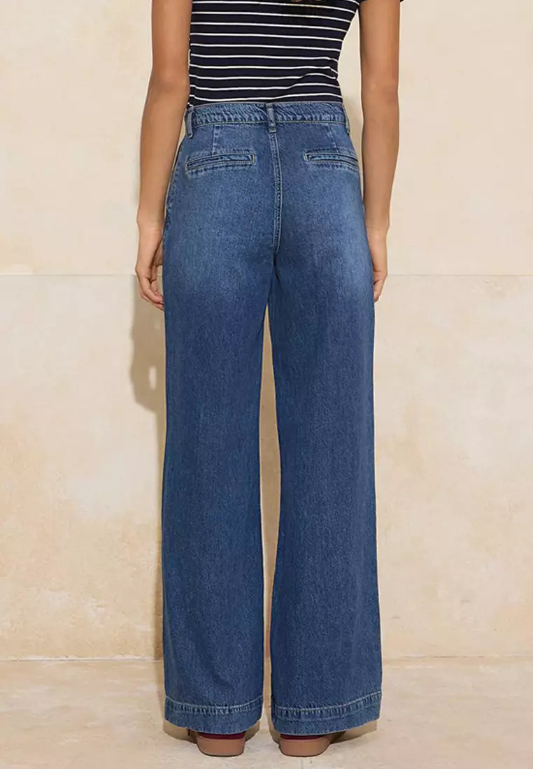 Dark Blue Drape Waist Detailed High Waist 1% Cotton Wide Leg Jeans Twoss26Je61