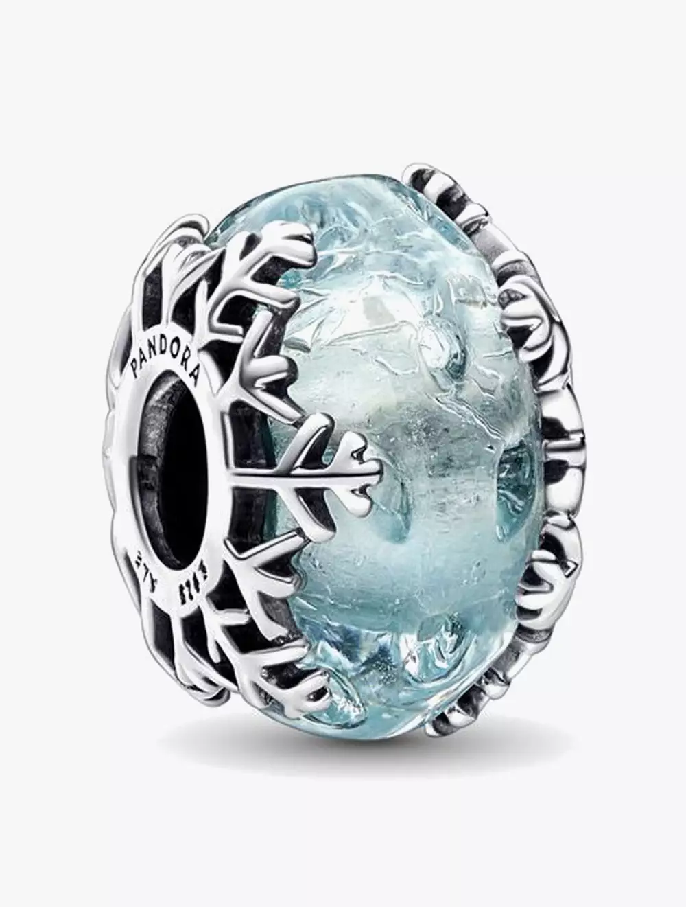 Snowflake sterling silver charm with blue frozen Murano glass