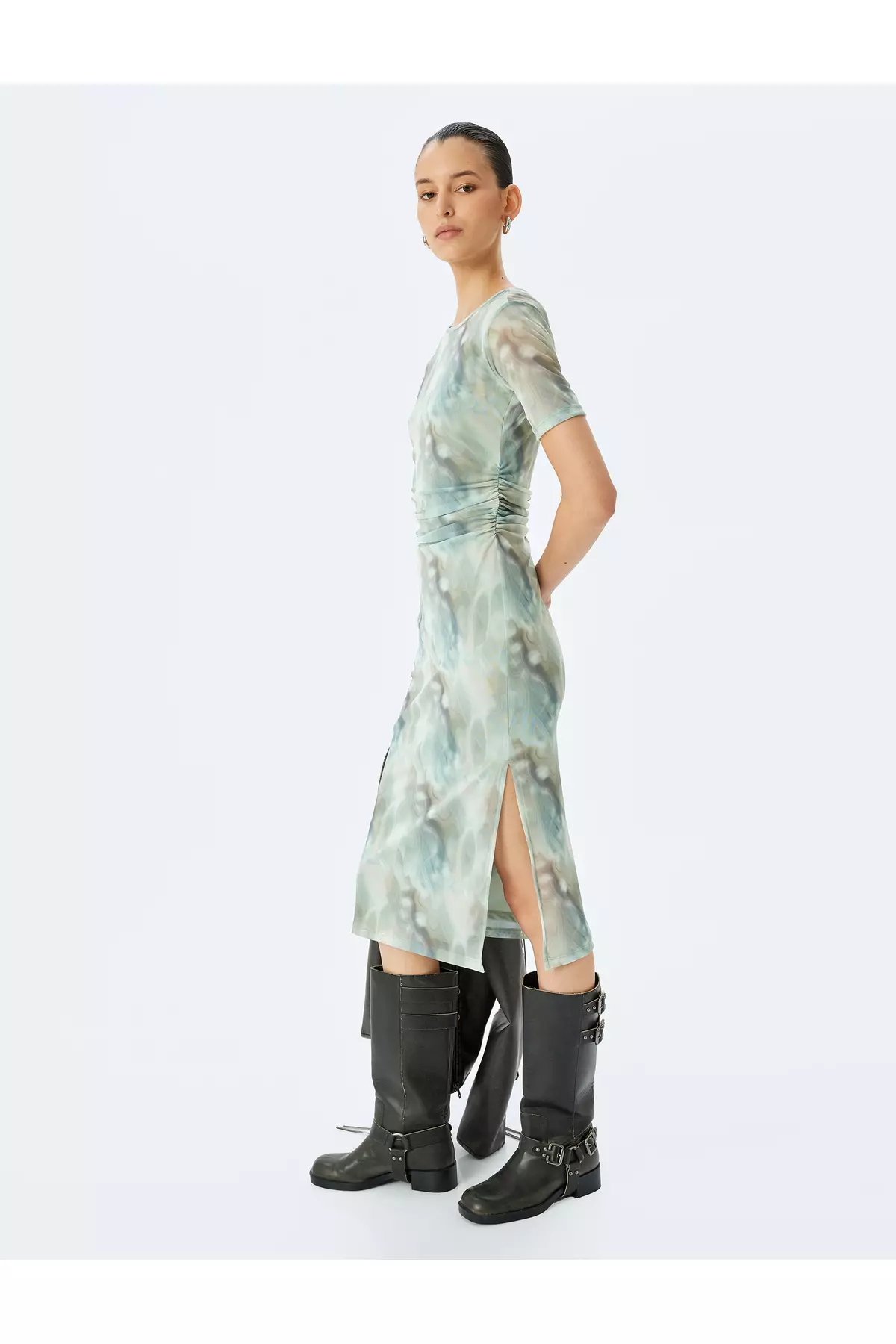 Abstract Print Draping Detail Short Sleeve Crew Neck Slim Midi Length Dress