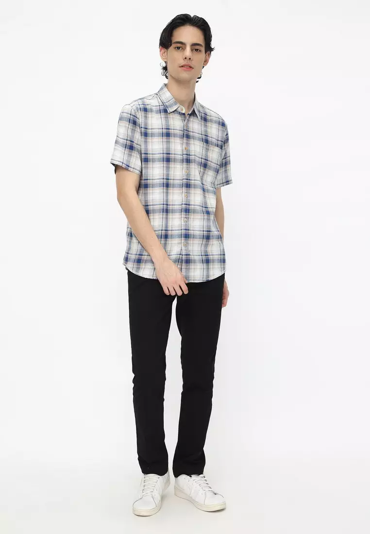 POLICE Kemeja Kotak Cotton Twill Slub Cream Biru Regular Fit Pria