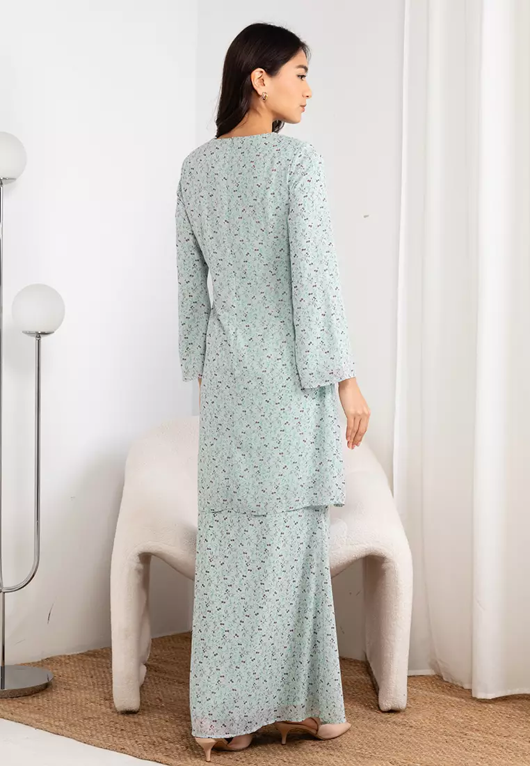 Flowerlet Dusty Mint Green Baju Kurung Moden Chiffon