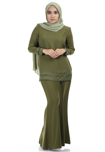 Hamida Kurung with Layered Lace from Ashura in green and Multi