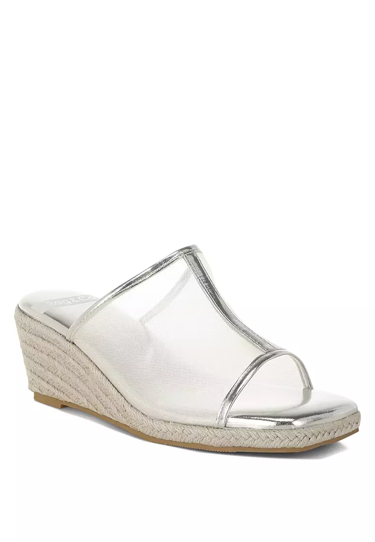 Sepatu Wedges Slip-On Mesh Bernapas Warna Silver