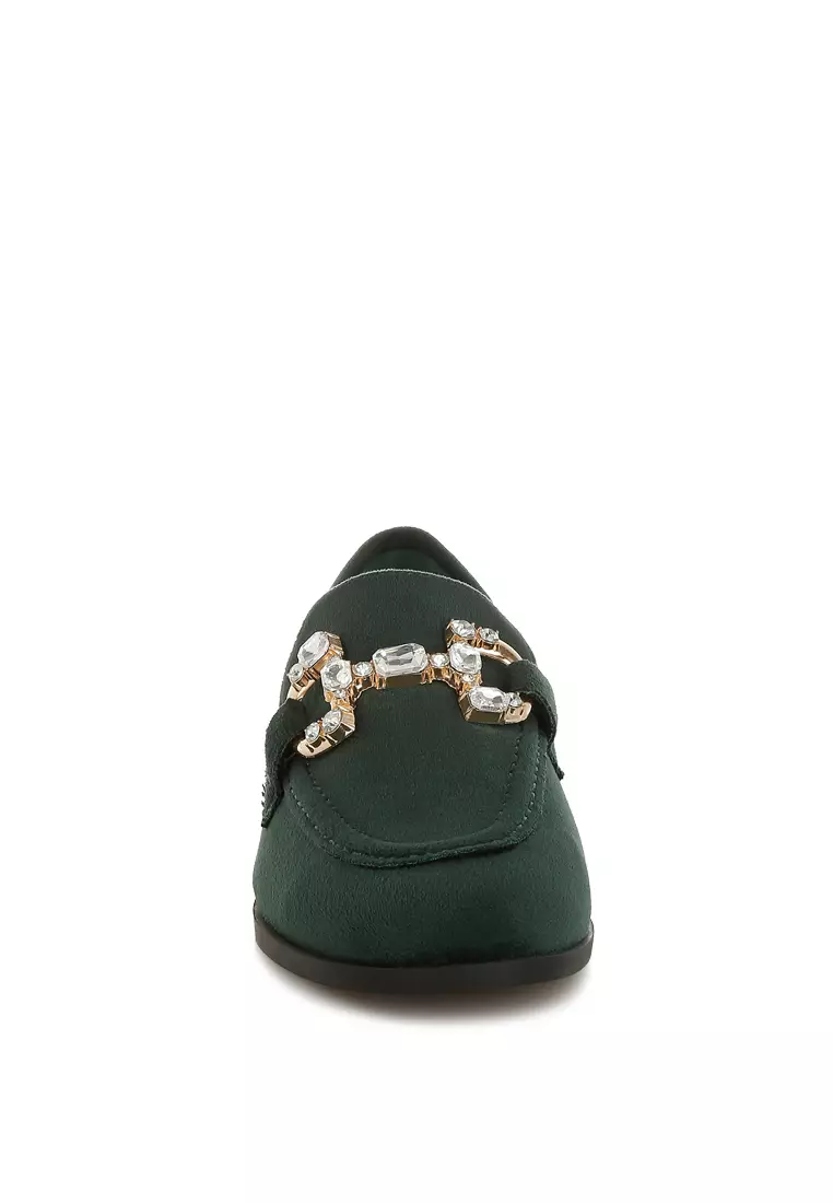 Sepatu Loafer Horsebit Berhias Berlian Imitasi Warna Hijau