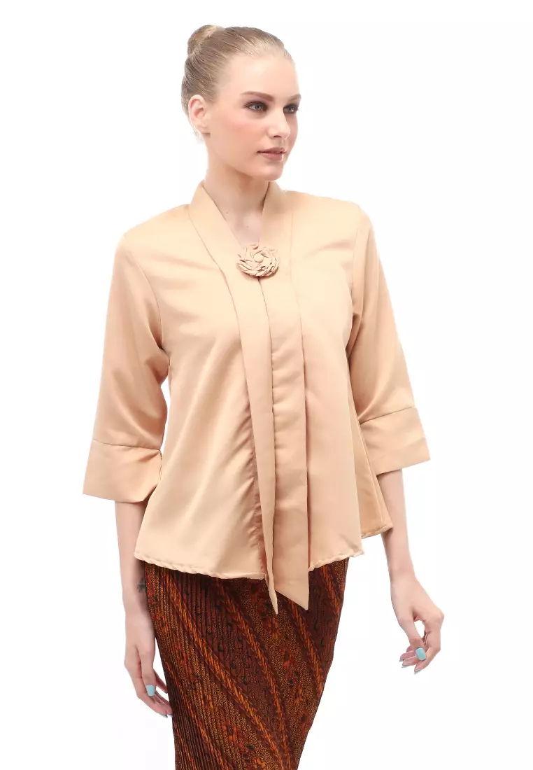 Elvia Kebaya Atasan Wanita Lengan Panjang Design Casual - Coklat Susu