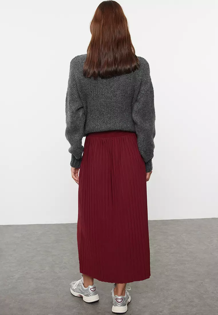 Burgundy High Waist Pleated Stretchy Maxi Knitted Skirt