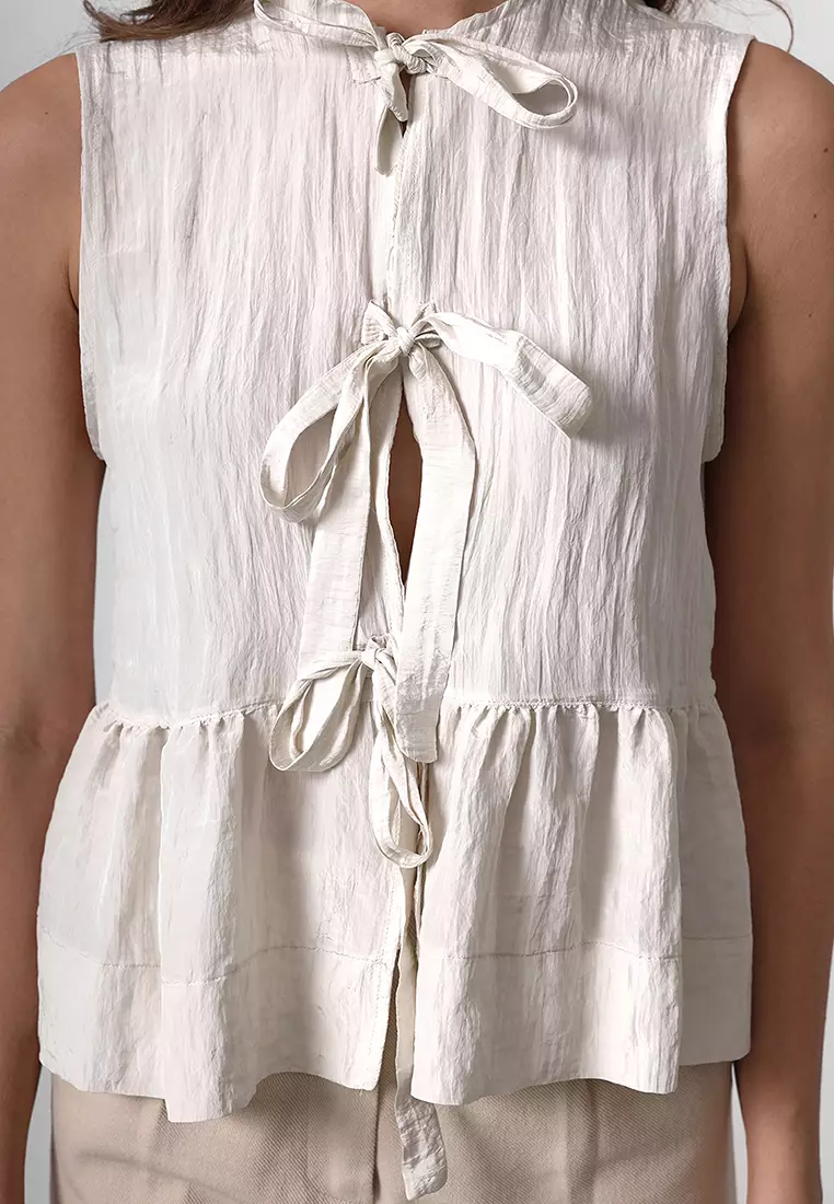 Beige Front Tie Detail Gathered Crop Woven Blouse TWOSS25BZ00156