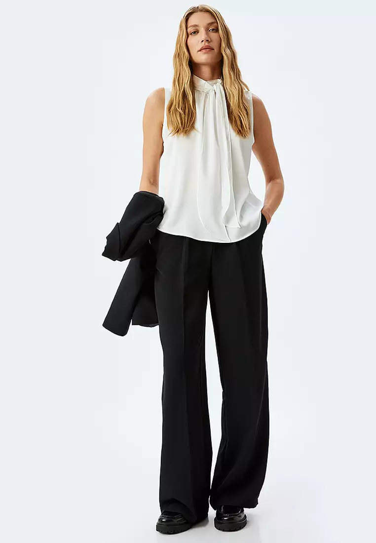 Tied Shawl Collar Sleeveless Satin Blouse