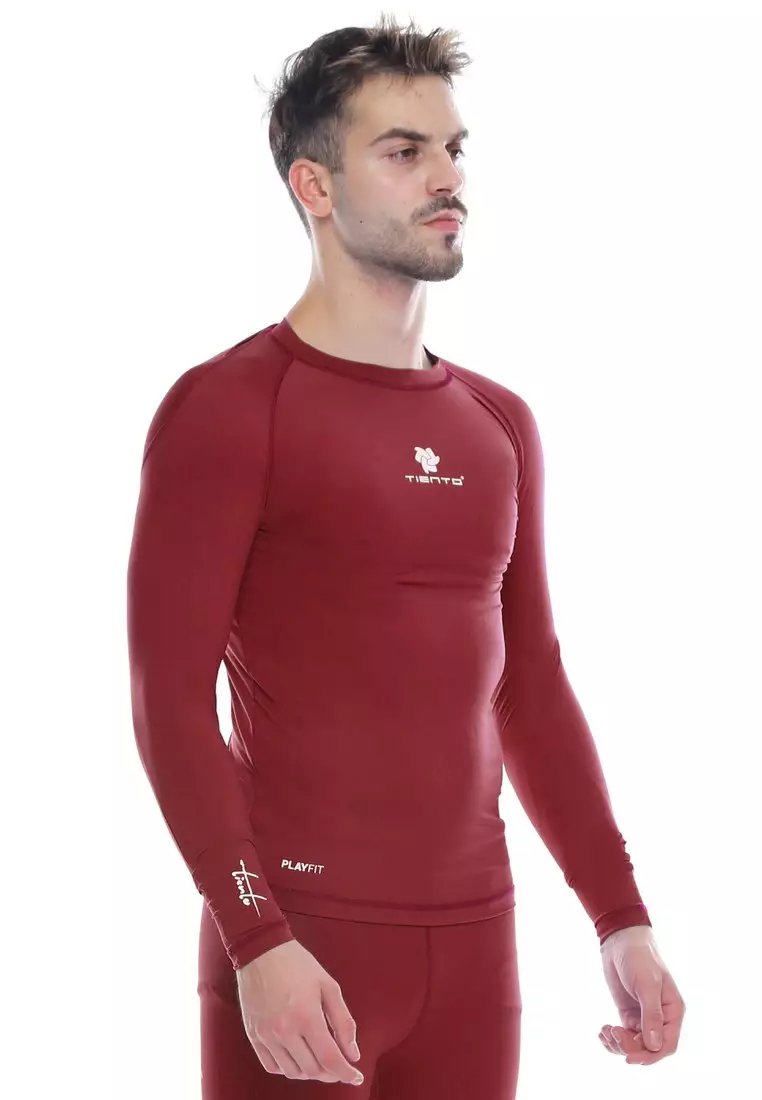 Tiento Man Baselayer Baju Ketat Manset Olahraga Pria Long Sleeve Maroon Rashguard Sport Original