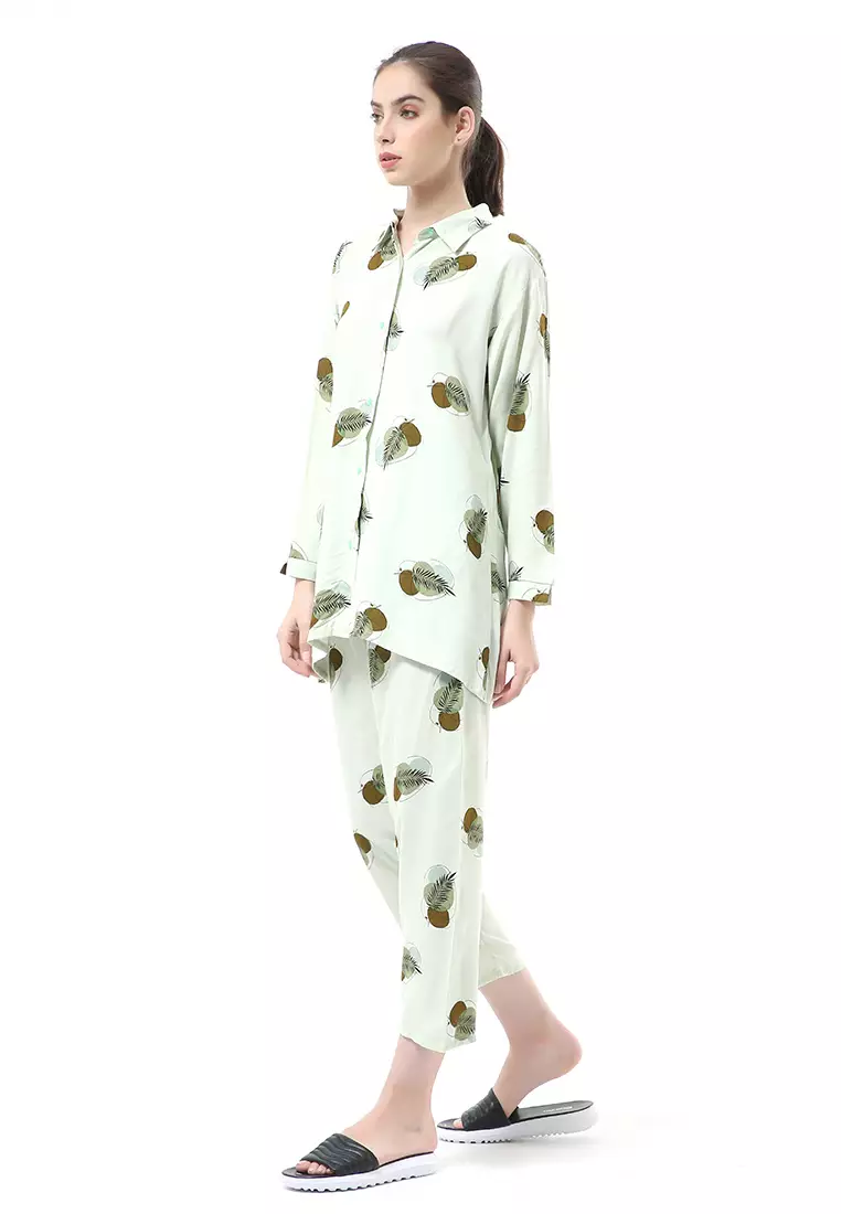 Nayra One Set Setelan Kemeja Wanita Lengan Panjang Leaf Motive Full Kancing Material Rayon ORIGINAL - Green