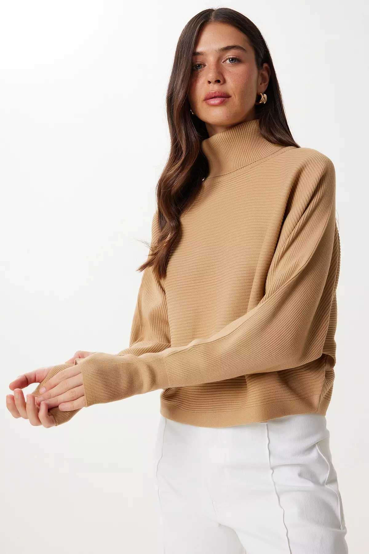 Women's Biscuit Finger Snap Crop Ribbed Knitwear Sweater Mx00238