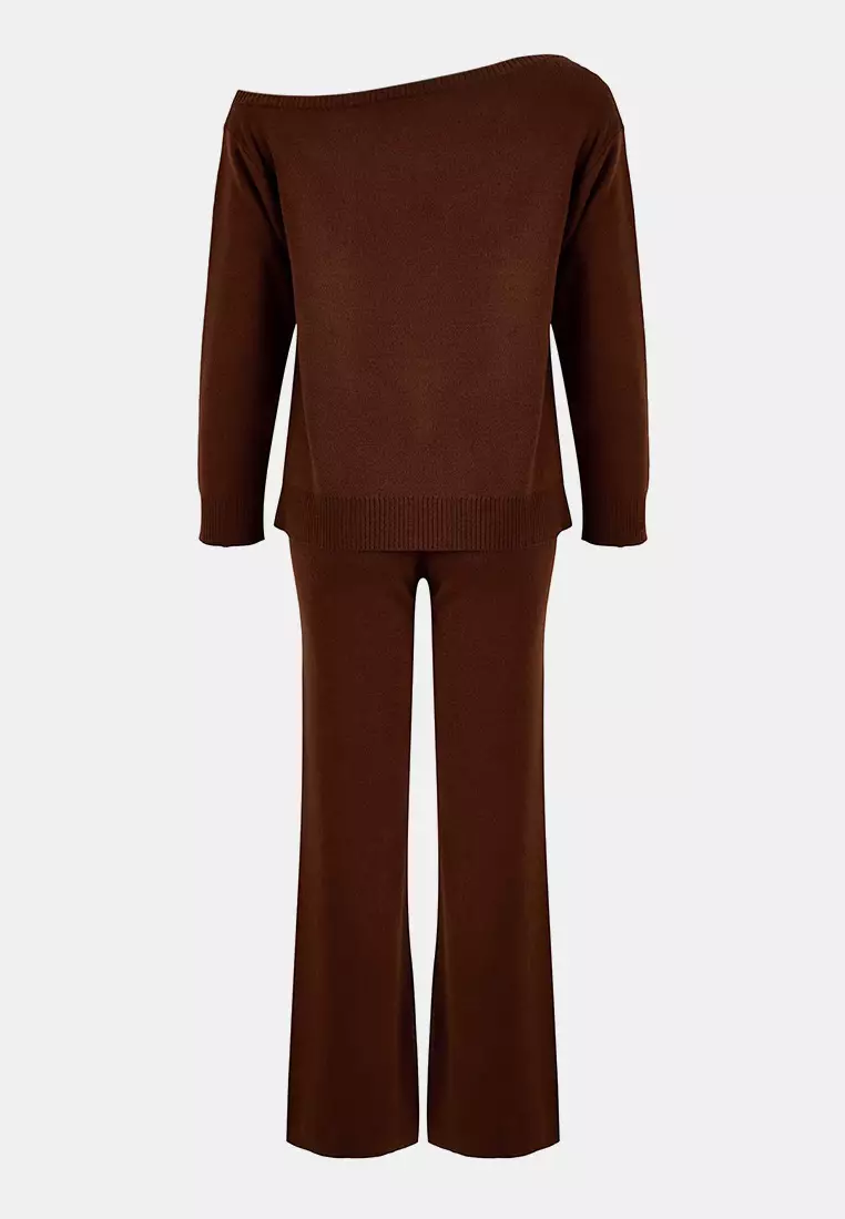Brown Boat Neck Sweater-Pants Knitwear Bottom - Top Set Twoaw26Au43