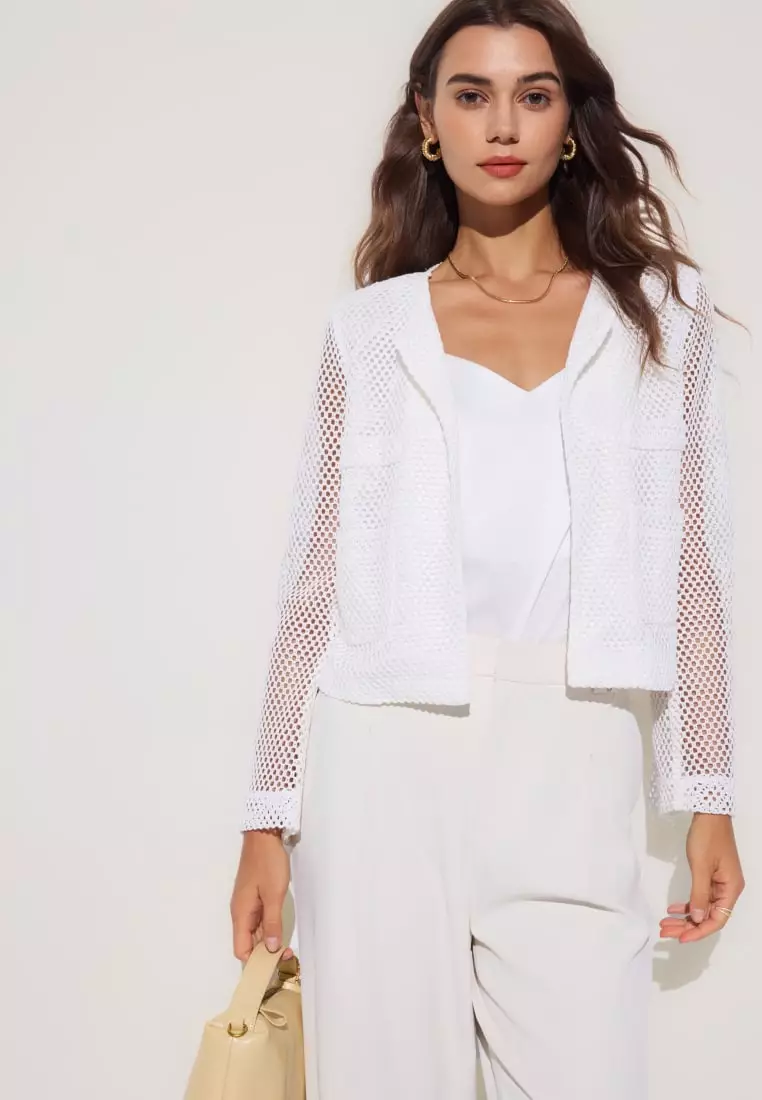 G2000 Crochet Lace Round Neck Open Front Jacket