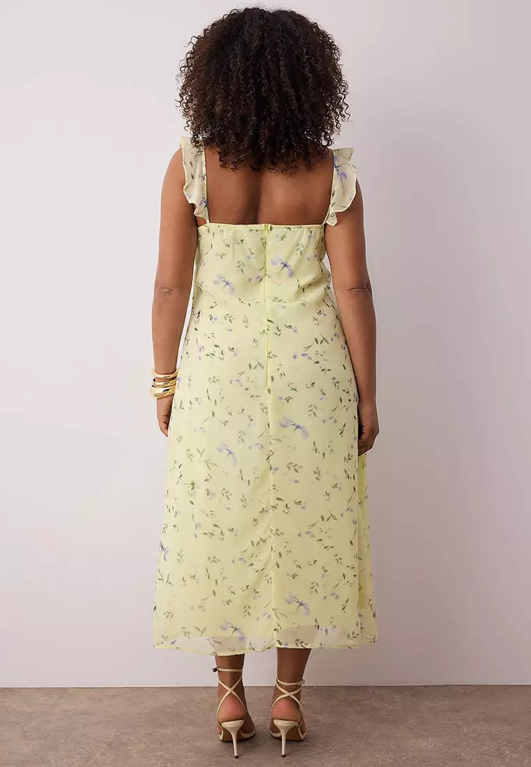 Yellow Chiffon Floral Midi Woven Plus Size Dress Tbbss25Ah00240