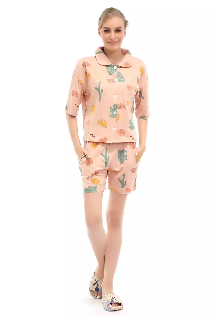 Vance Setelan Piyama Baju Tidur Wanita Celana Pendek Hotpant Motif Cactus Material Spandex ORIGINAL - Pink