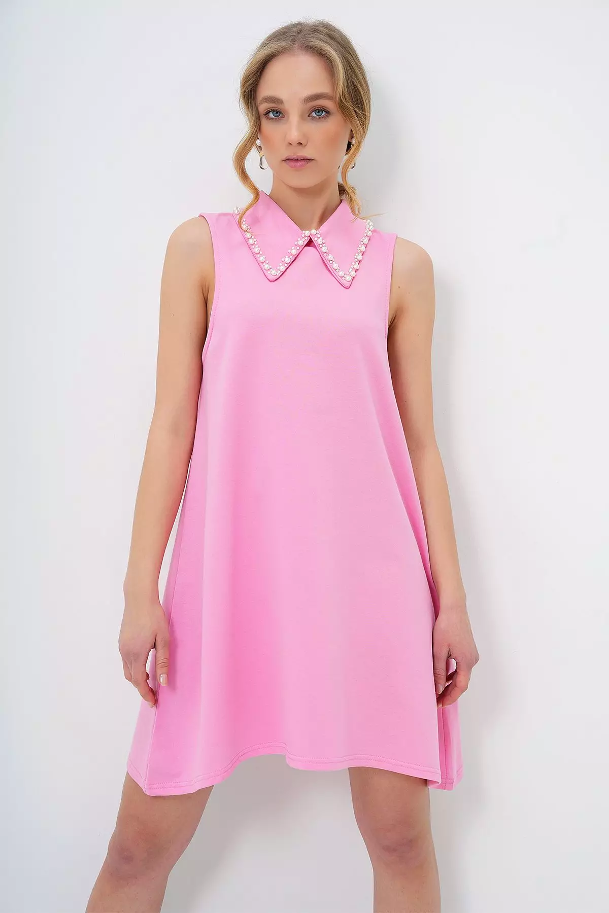 Women's Pink Faux Pearl Collar Sleeveless Basic Dress