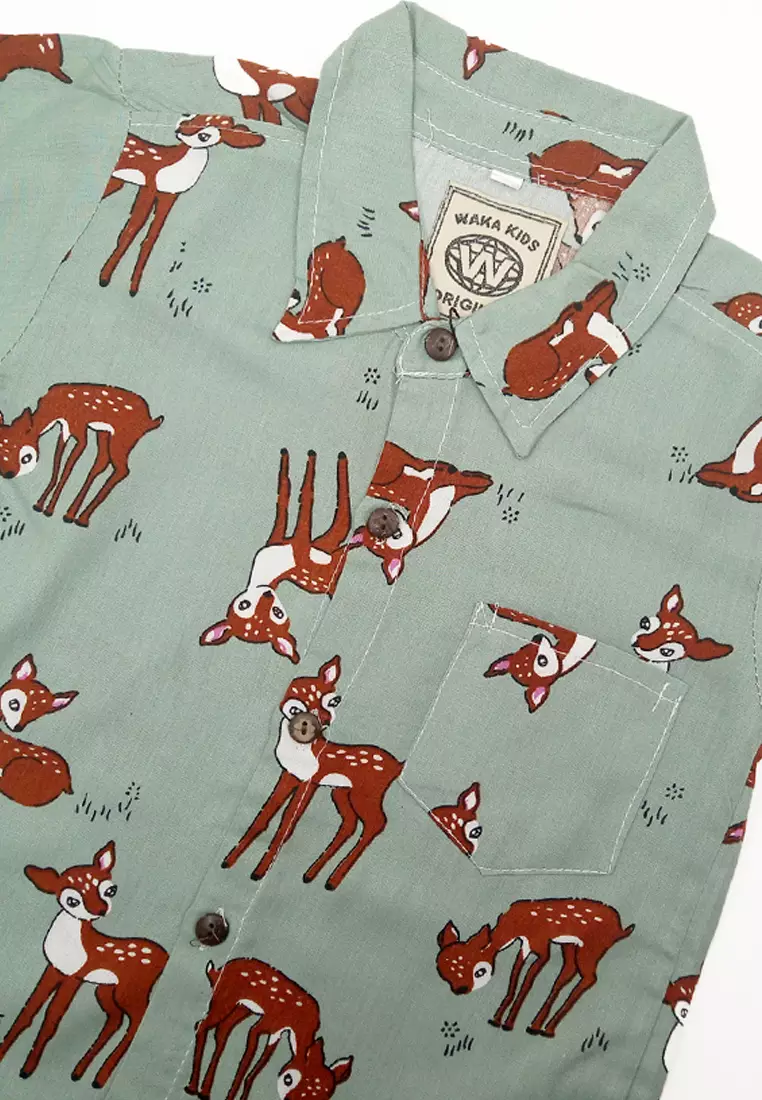 Wakakids Kemeja Anak Laki Laki Usia 1 Tahun Hingga 5 Tahun Atasan Baju Kerah Collar Shirt Motif Rusa Deer Pattern 4318 Vensk