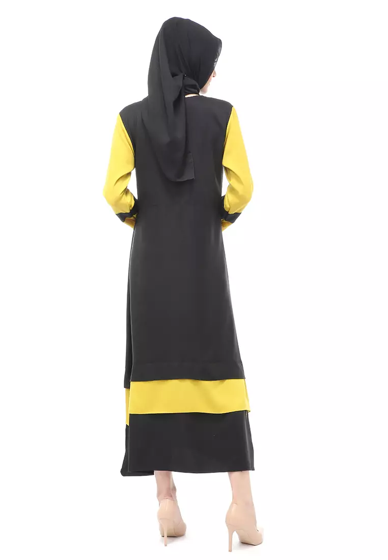 Aurel Dress Maxi Muslimah Wanita Polos Dual Tone Color Regular Fit - Black Lemon