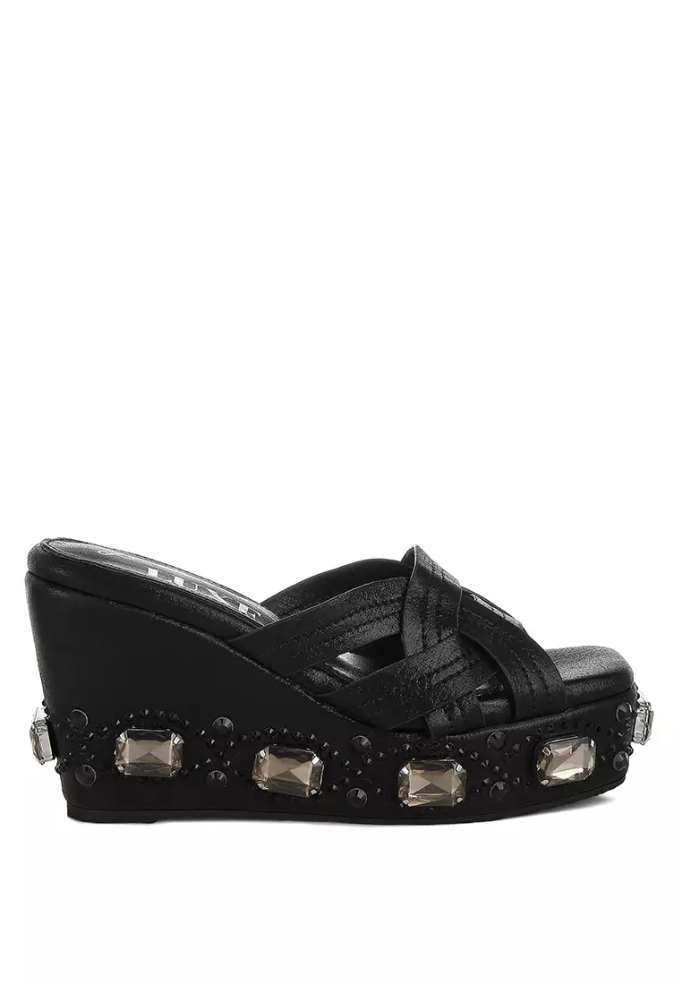 Discount on London Rag  shoes - SKU: Chunky Diamante & Rhinestone Cut-Out Sandals in Black