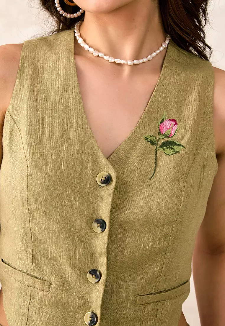 VIRGIO Linen Olive Rose Embroidered Vest