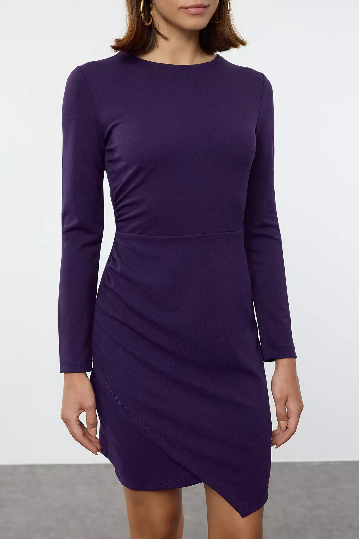 Purple Straight Ruffle/Drape Detailed Bodycone/Fitting Mini Knitted Dress TWOAW25EL00230
