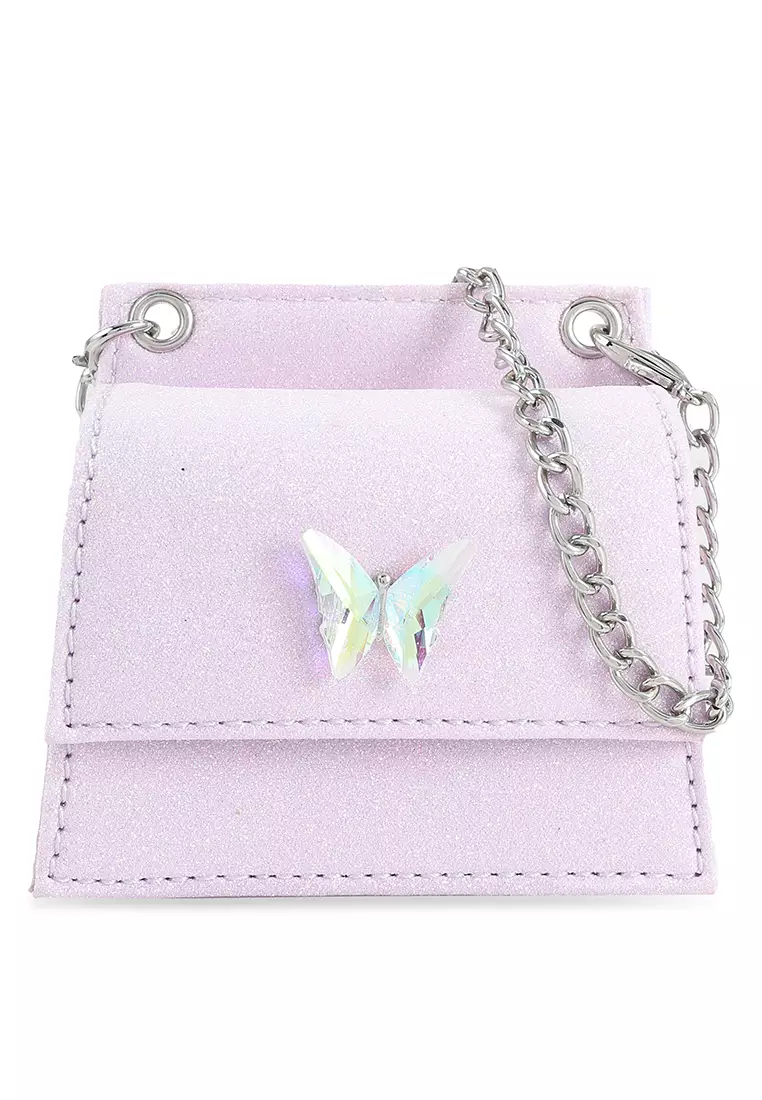 Black Glitter Flap Butterfly Crossbody Chain Bag Purse with Zipper