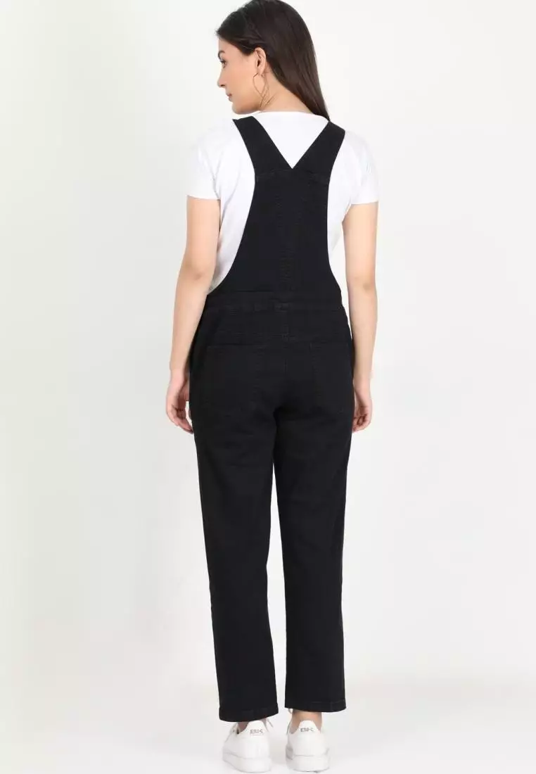 帶有彈性腰部的孕婦牛仔背帶褲 黑色