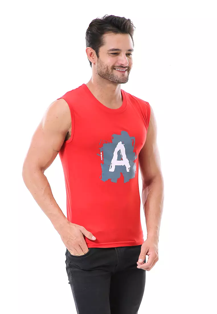 Bobby Atasan Kasual Pria Singlet Motif Huruf A Atasan Tanpa Lengan Material Cotton ORIGINAL - Red