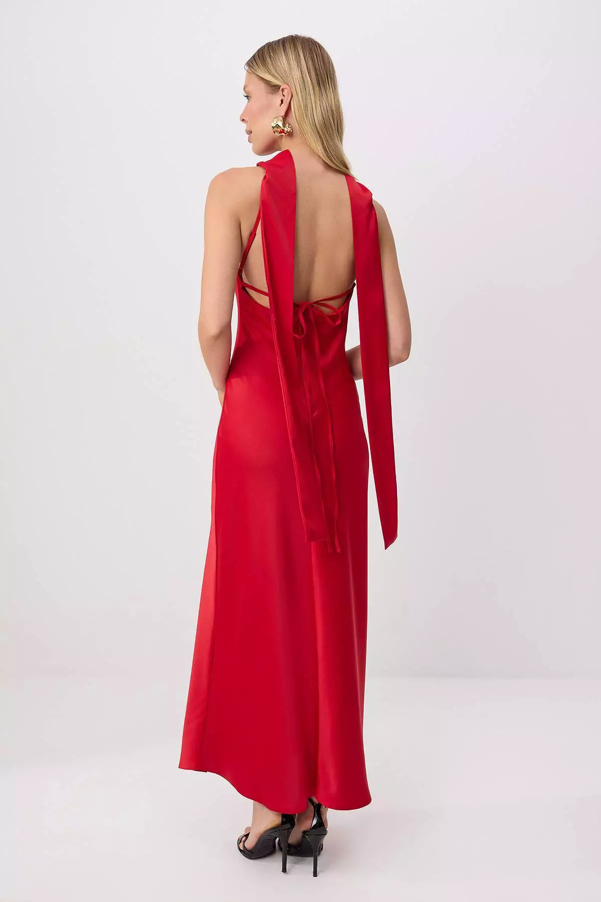 Light Red Shawl Detailed Satin Woven Maxi Evening Dress Evening Graduation Dress Tprss25El00312