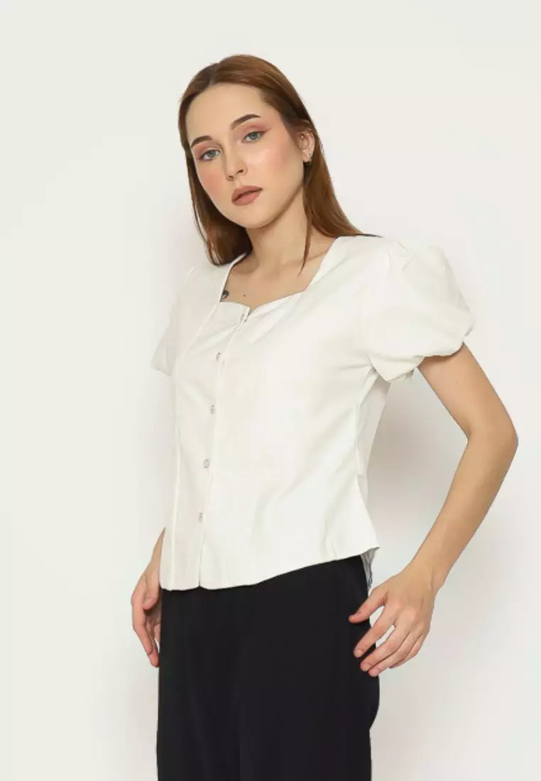 Urban Exchange Angela White Blouse - Atasan Blouse Putih Wanita Lengan Pendek