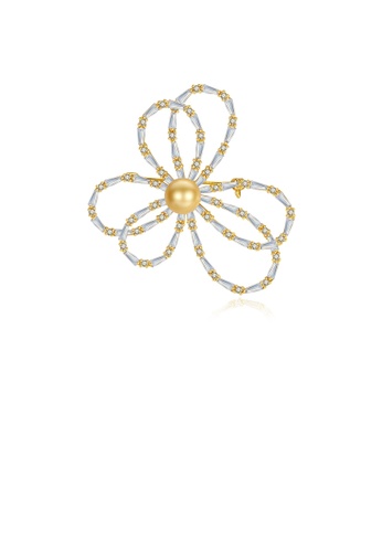 Glamorousky gold Simple and Fashion Plated Gold Flower Champagne Imitation Pearl Brooch with Cubic Zirconia BBFD0ACF48AB1FGS_1