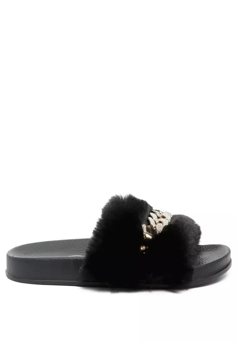 Buy London Rag Metal Chain Detail Fur Slides in Black 2024 Online