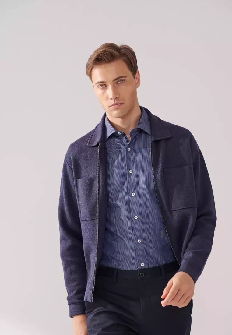 Navy Double-Pocket Full-Zip Cardigan