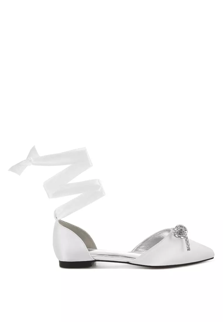 Rhinestone Detail Bow Flat Sandals in White
