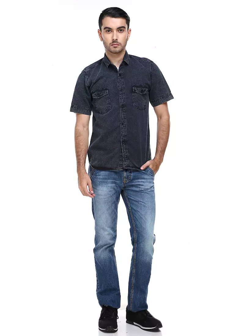 Dwan Casual Shirt Baju Kemeja Jeans Pria Lengan Pendek Material Denim ORIGINAL - Black