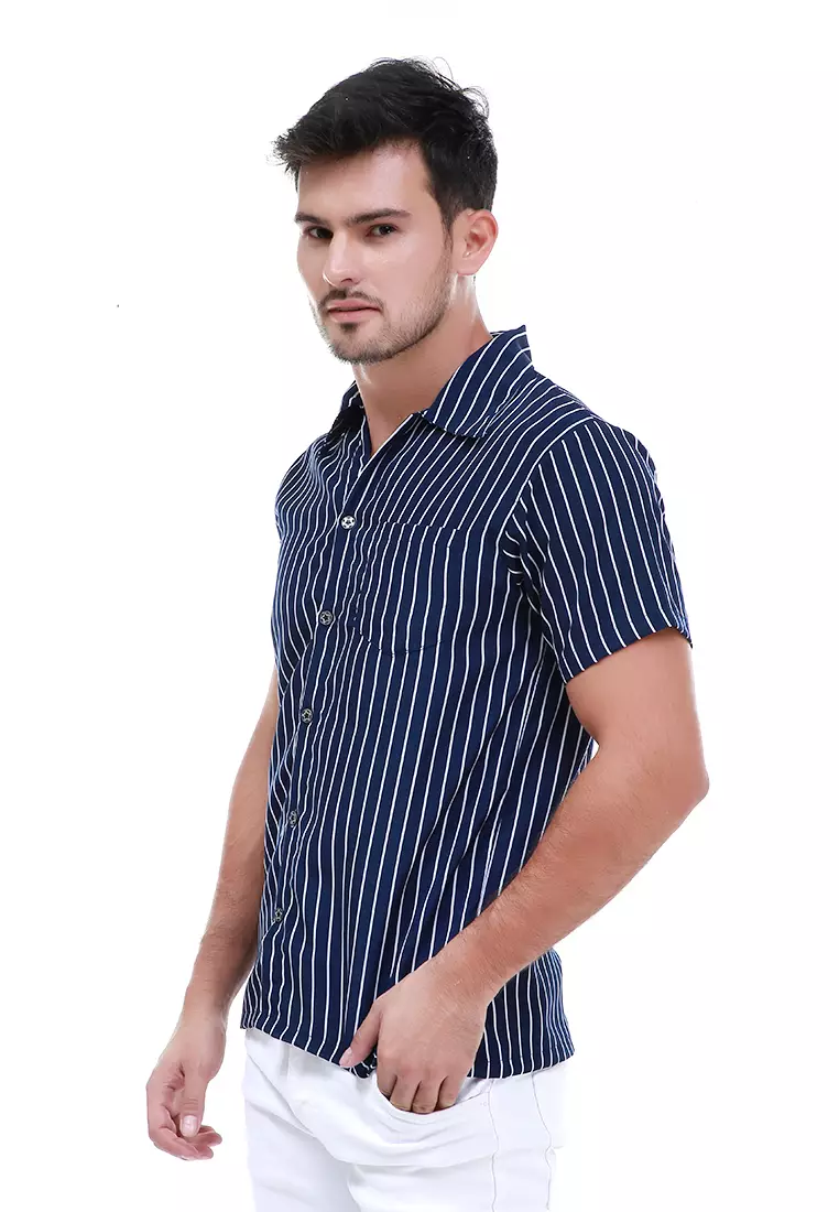 Dwan Atasan Kemeja Pria Vertical Lines Casual Shortsleeve Shirt Material Cotton ORIGINAL - Navy