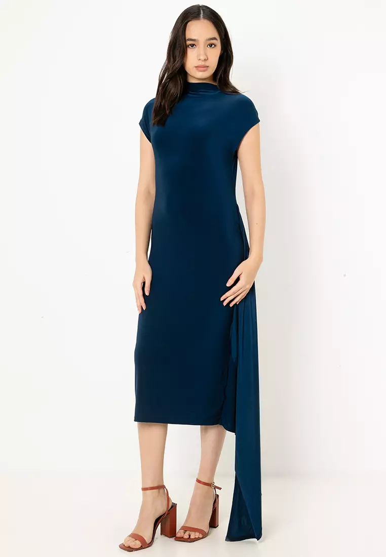 calvin klein navy blue long dress Calvin Klein Dress Size 8 Blue Long Sleeve V Neck Pullover Ruched Stretch
