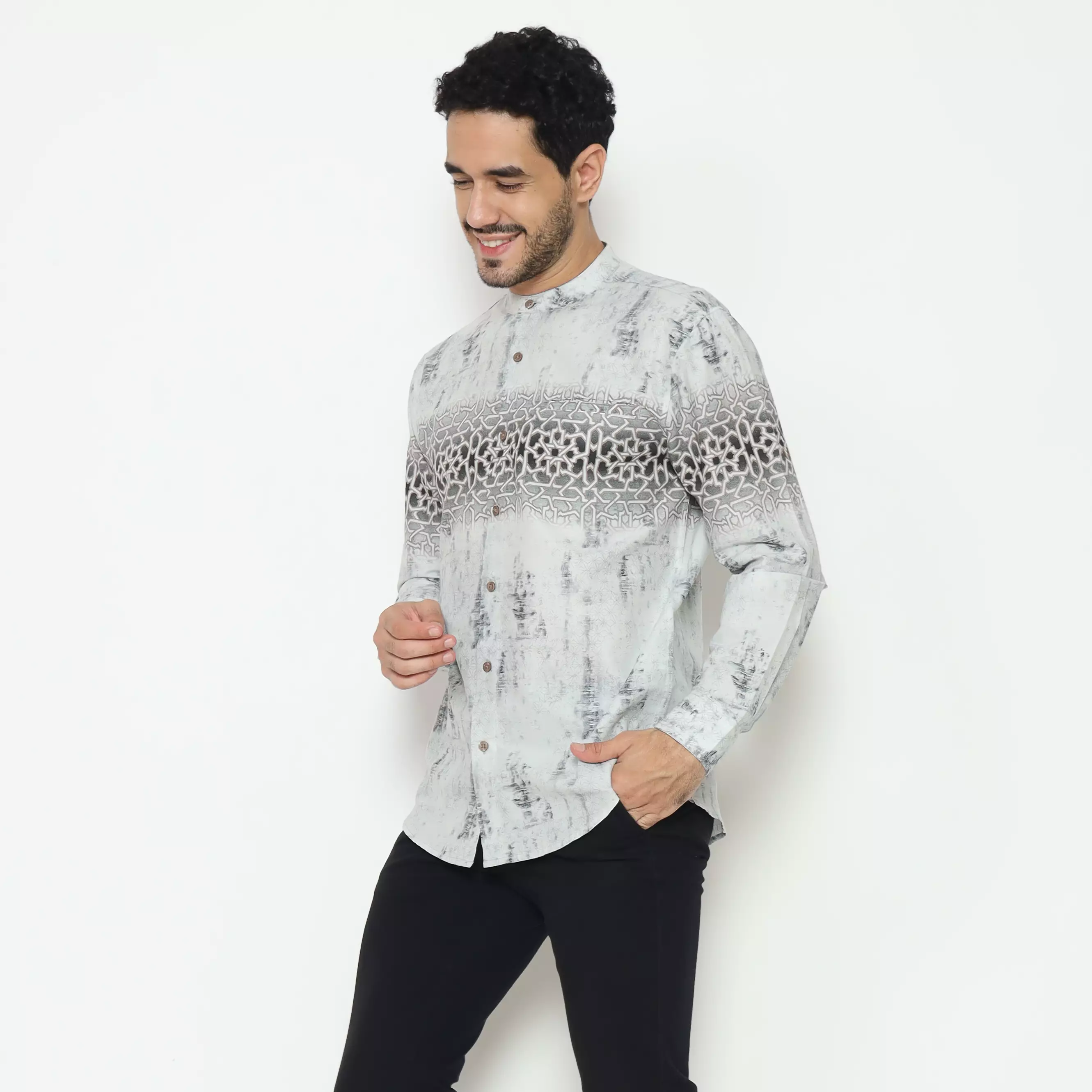 AMK Kemeja Koko Printing Pria Lengan Panjang KK Zayed L/s Grey