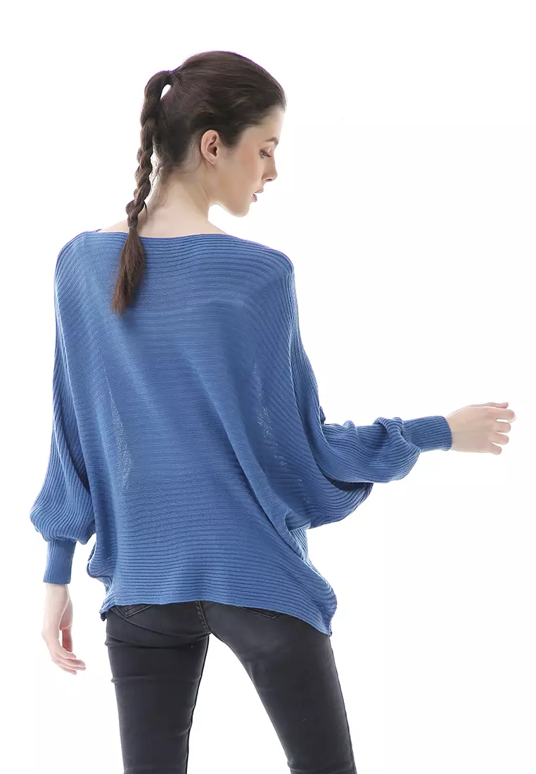 Eveline Sweater Rajut Batwing Atasan Wanita Motif Polos High Quality - Denim