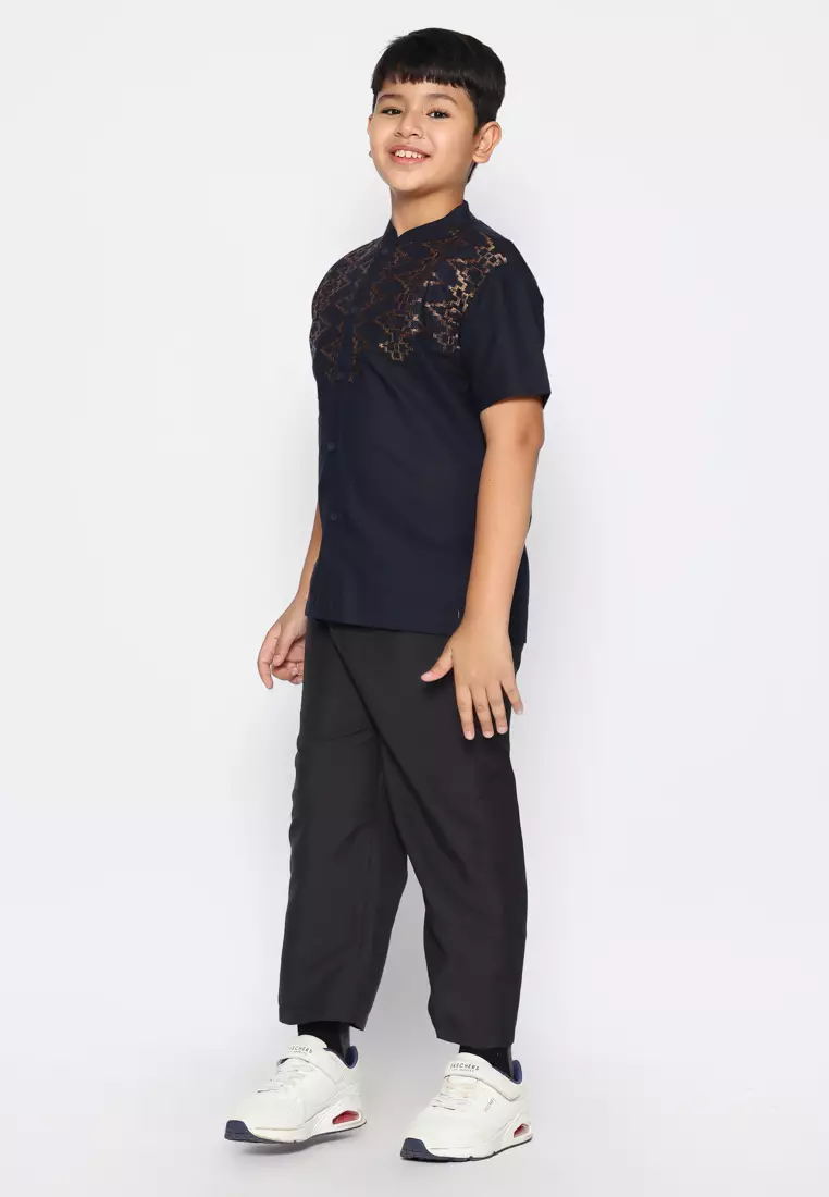Baju Koko Set Anak Laki Bordir Vertical Navy - GENUINE