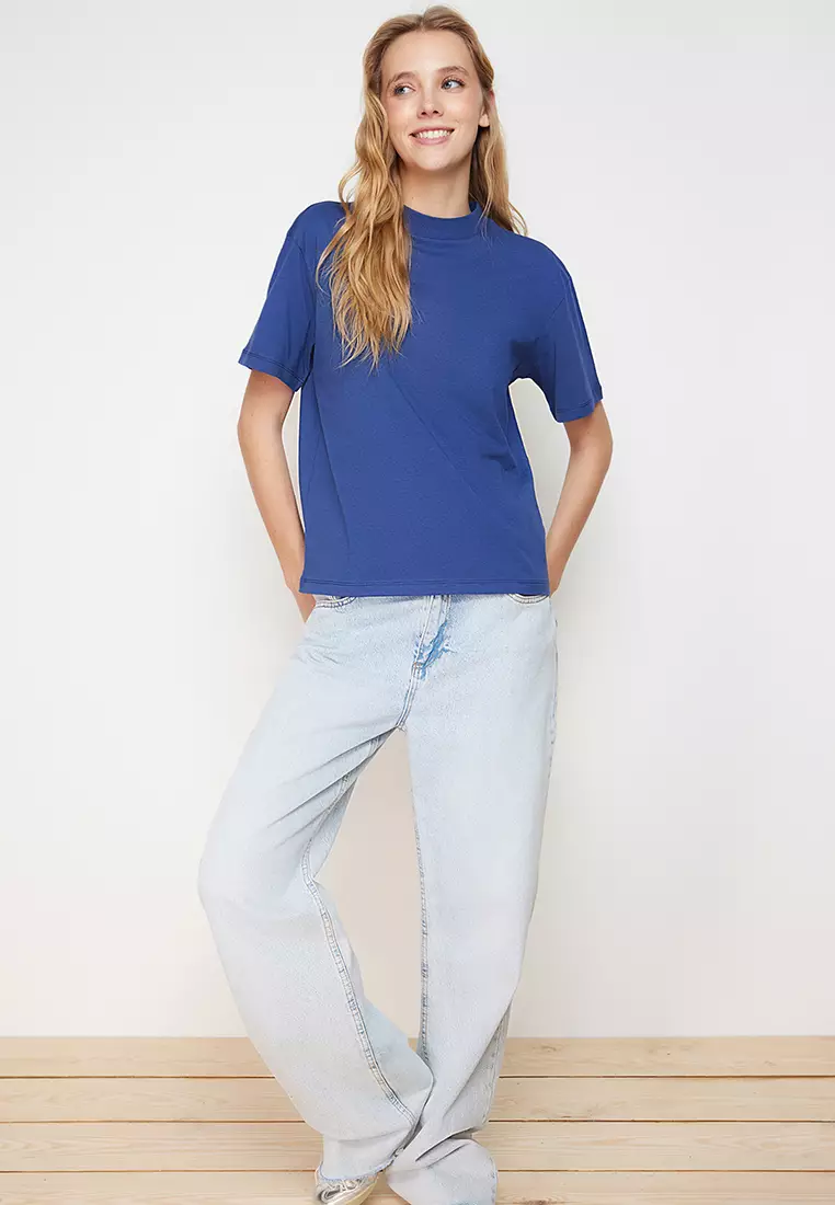 Indigo Basic Regular/Normal Pattern Stand Collar Knitted T-Shirt