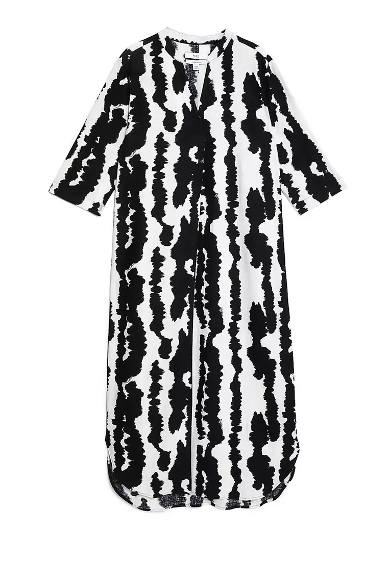 Linen Rich Printed V-Neck Midi Shift Dress